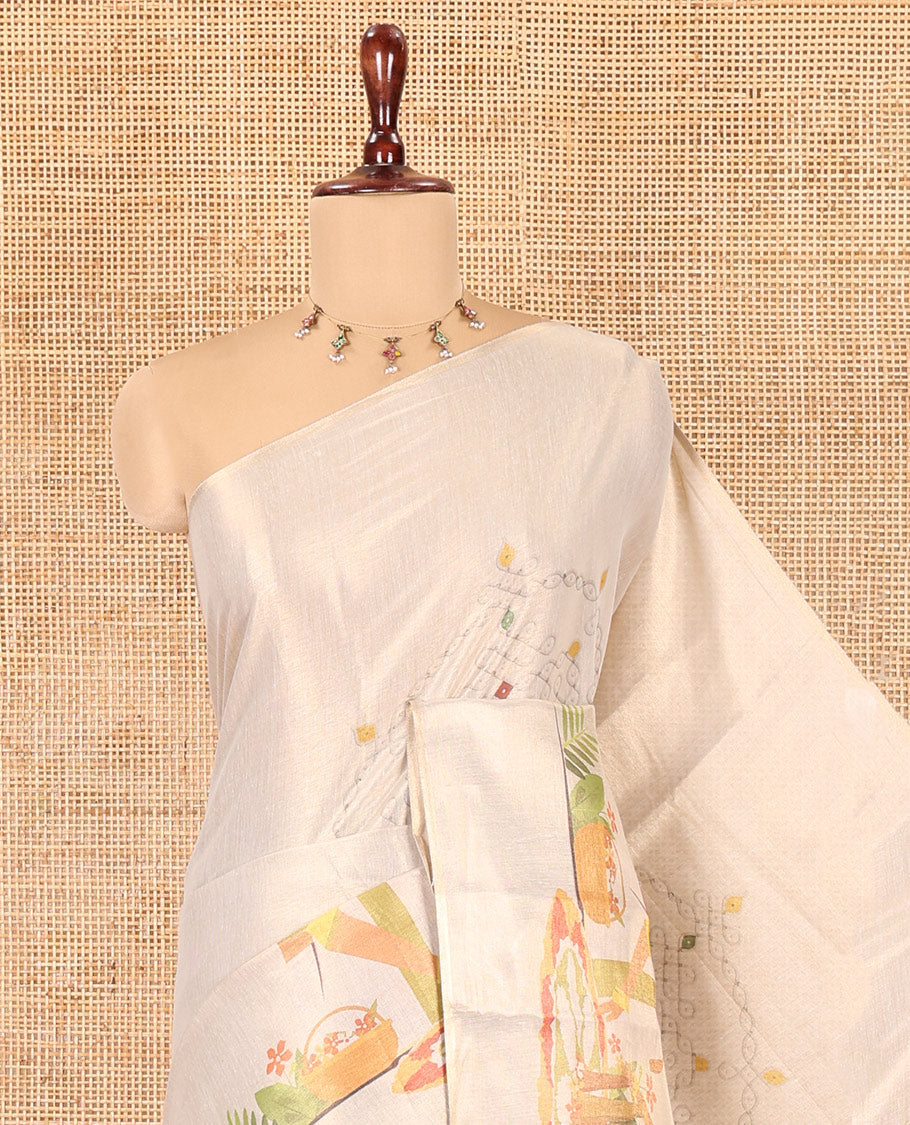 Borderless Gold Tissue Saree, Depicting Two Women Drawing Onam Kolam Motifs and Comes With a Plain Blouse