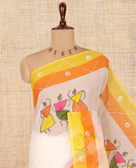 Cream Kota Doria Saree with Artful Warli Print, a Contrast Border, Village Printed Pallu, and a Matching Blouse