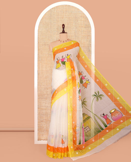 Cream Kota Doria Saree with Artful Warli Print, a Contrast Border, Village Printed Pallu, and a Matching Blouse