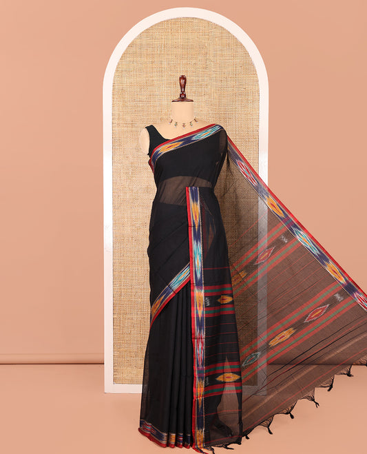Black Plain Mercerised Cotton Saree, a Contrast Ikat Border, an Ikat Weave Pallu, and a Matching Blouse