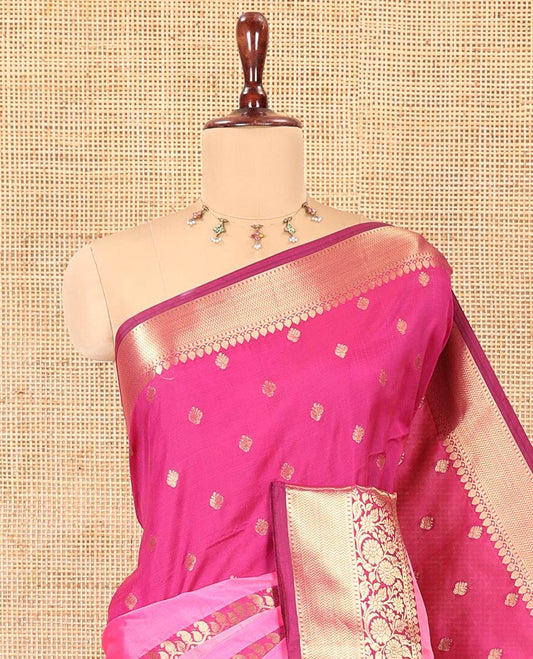 Pink Semi-Katan Silk Saree, Adorned with Zari Designs, Contrast Floral Creeper Border, Self-Pallu, and Matching Blouse