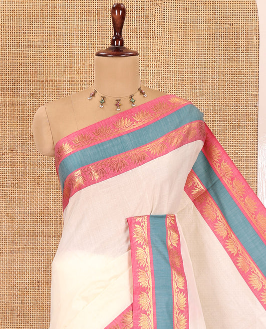Cream Plain Kerala Cotton Saree, Contrast Pichwai Lotus Woven Border, a Matching Blouse