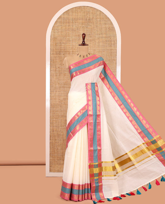Cream Plain Kerala Cotton Saree, Contrast Pichwai Lotus Woven Border, a Matching Blouse