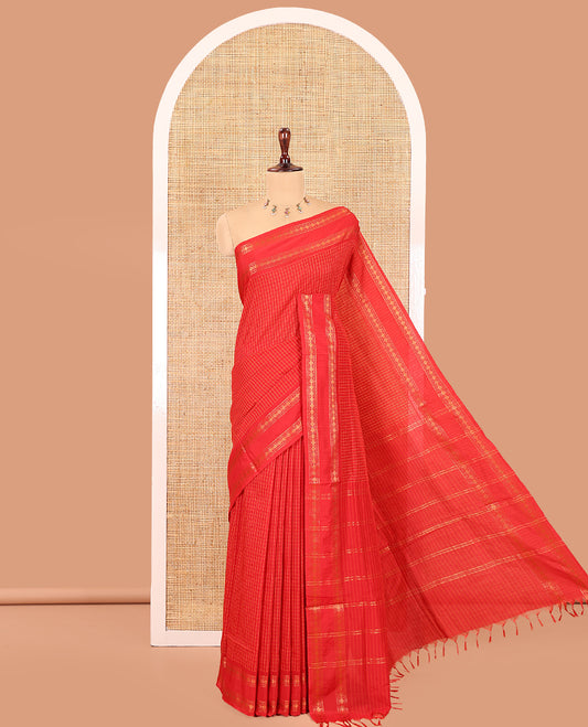 Maroon Checked Kalyani Cotton Saree, Contrast Rettai Pettu Rudraksham Border and a Matching Blouse