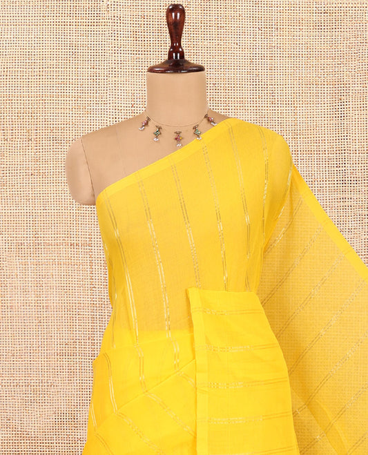 Borderless Yellow Khadi Mul Cotton Saree, Adorned with Vertical Zari Stripes, a Self-Pallu, and No Blouse