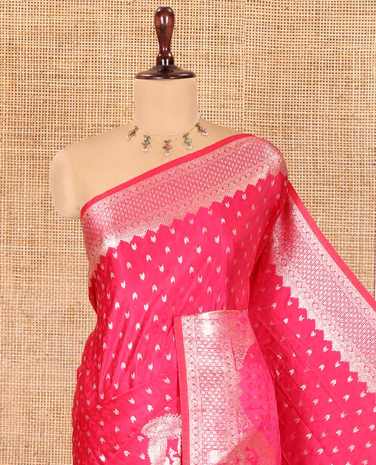Pink Satin Silk Saree, Steeped in Richness of Buttas and Embossed Texture, Traditional Peacock Zari Border, Peacock Pallu, and a Matching Blouse