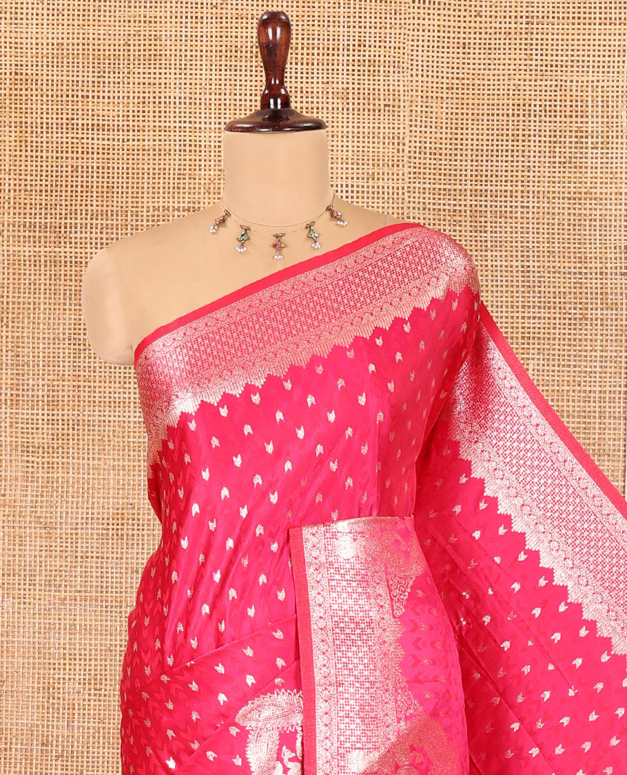 Pink Satin Silk Saree, Steeped in Richness of Buttas and Embossed Texture, Traditional Peacock Zari Border, Peacock Pallu, and a Matching Blouse