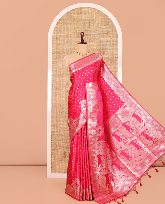 Pink Satin Silk Saree, Steeped in Richness of Buttas and Embossed Texture, Traditional Peacock Zari Border, Peacock Pallu, and a Matching Blouse