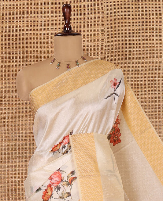 Cream Semi-Tussar Saree, Prettified with Floral Print, Zari Chevron Striped Border, and a Matching Blouse