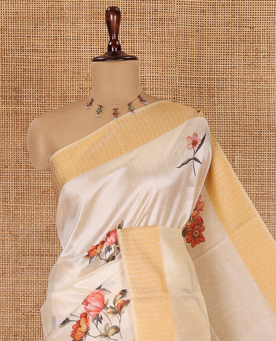 Cream Semi-Tussar Saree, Prettified with Floral Print, Zari Chevron Striped Border, and a Matching Blouse