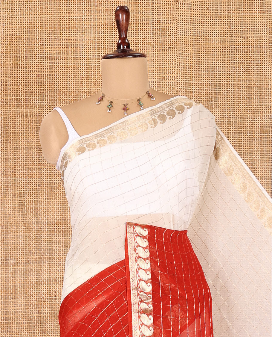 Off-White-Red Chiffon Saree, Ornamented with Dual-Dyed and Zari Checks, Paisley Border, Striped Pallu, Contrast Blouse