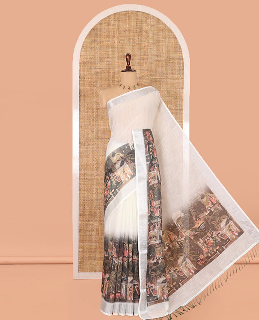 Cream-Red Linen Cotton Saree Features Plain and Mughal-Style Print, a Zari Border, Printed Pallu, and a Contrast Blouse