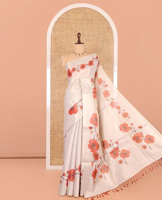 Gold Plain Tissue Saree, Ornamented with a Floral Printed Border and a Matching Blouse