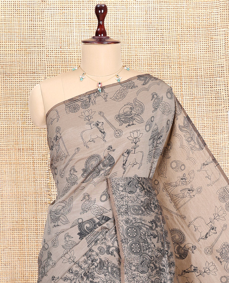 Borderless Brown South Cotton Saree, Embellished with Kalamkari-Style Motifs Outline Print, and a Matching Blouse