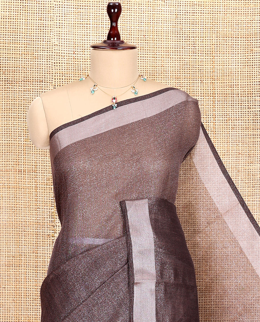 Brown Linen Cotton Saree, Gleamed Up with Gold Zari Stripes, Plain Border, a Self-Pallu, and No Blouse