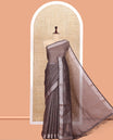 Brown Linen Cotton Saree, Gleamed Up with Gold Zari Stripes, Plain Border, a Self-Pallu, and No Blouse