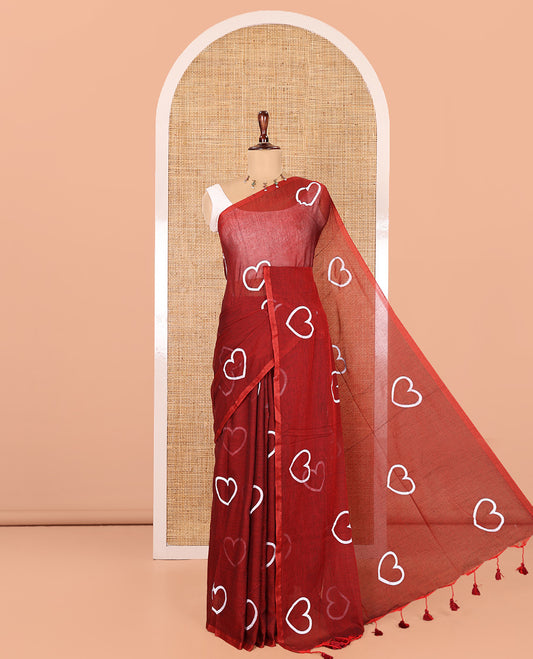 Borderless Maroon Khadi Mul Cotton Saree, Steeped with Heart Motifs Print, and No Blouse