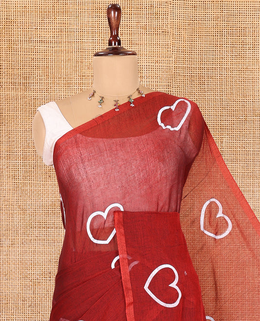 Borderless Maroon Khadi Mul Cotton Saree, Steeped with Heart Motifs Print, and No Blouse