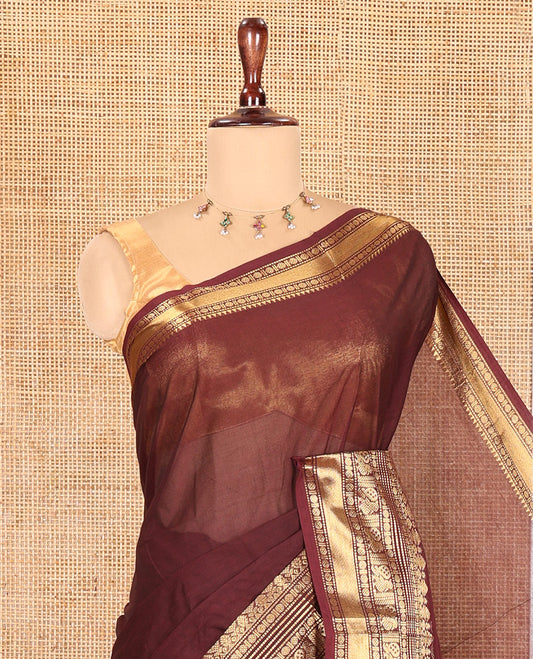 Coffee Brown Plain Chettinad Cotton Saree, Highlighted by Traditional Kanchi Border, Striped Pallu, a Matching Blouse