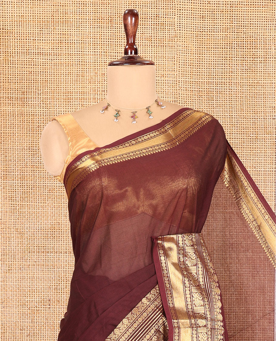 Coffee Brown Plain Chettinad Cotton Saree, Highlighted by Traditional Kanchi Border, Striped Pallu, a Matching Blouse