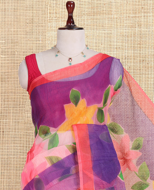 Peach Kota Doria Saree, Adorned with 6-Petal Floral Print, a Contrast Border, and a Matching Blouse