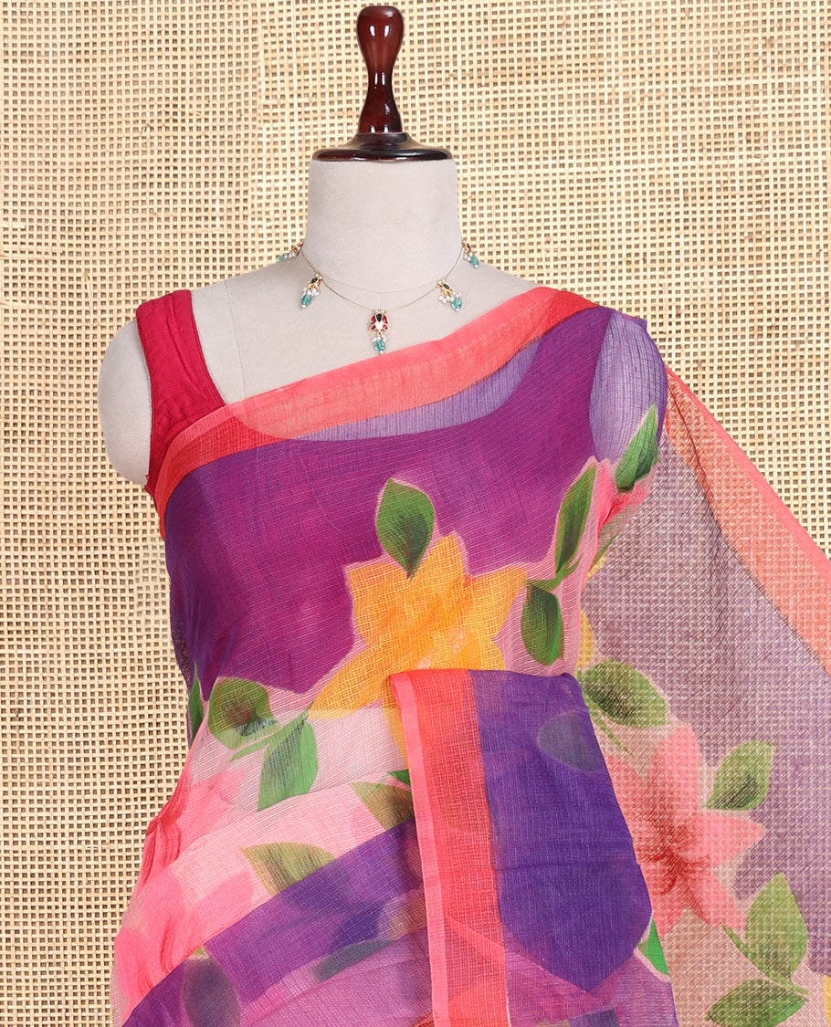 Peach Kota Doria Saree, Adorned with 6-Petal Floral Print, a Contrast Border, and a Matching Blouse