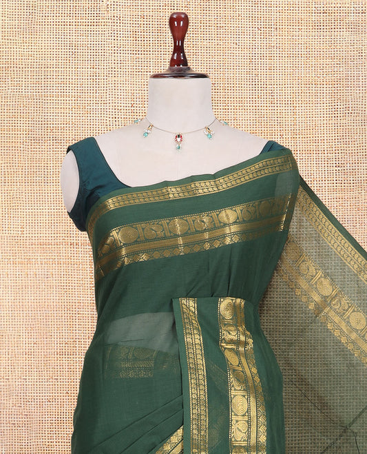 Dark Green Plain Chettinad Cotton Saree, Highlighted by a Rettai Pettu Traditional Border, a Matching Blouse