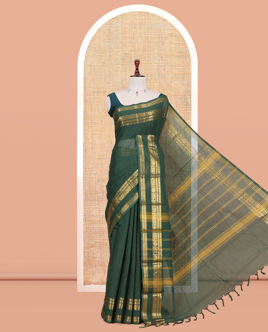 Dark Green Plain Chettinad Cotton Saree, Highlighted by a Rettai Pettu Traditional Border, a Matching Blouse