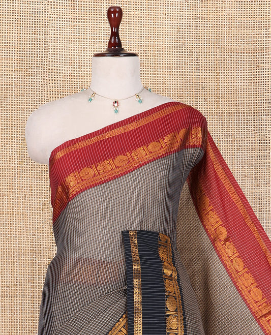Light Brown Checked Mercerised Cotton Saree, Contrast Ganga-Jamuna Traditional Border, and Matching Blouse