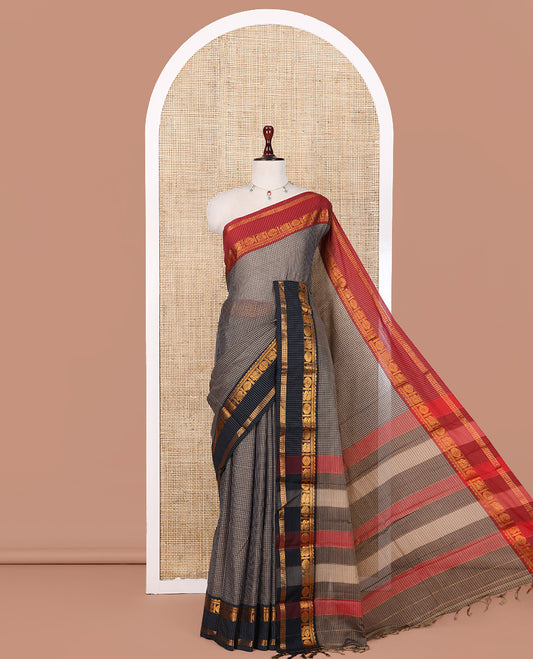 Light Brown Checked Mercerised Cotton Saree, Contrast Ganga-Jamuna Traditional Border, and Matching Blouse