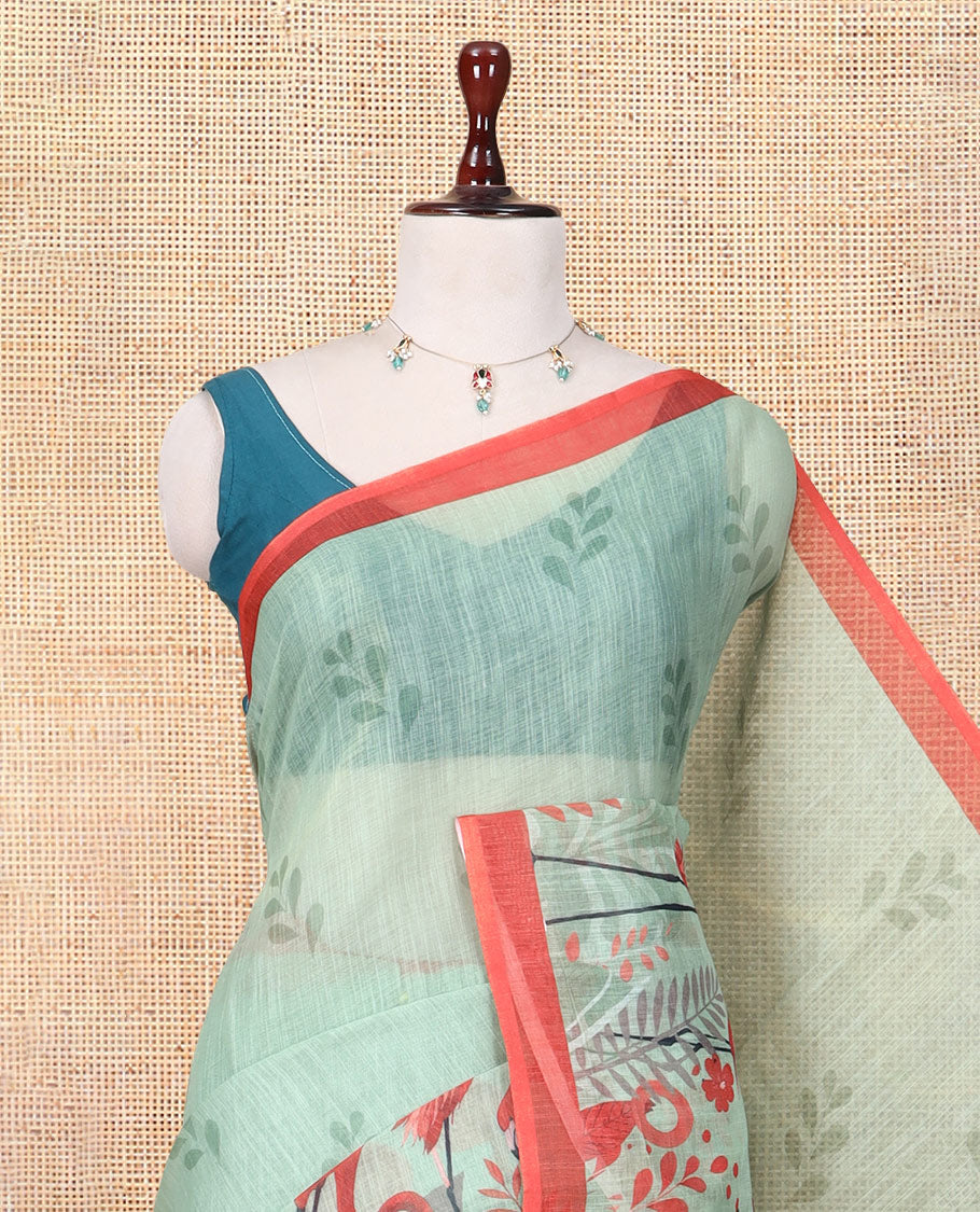 Green Linen Cotton Saree, Prettified with Floral Crane Motifs Print, a Contrast Border, and a Contrast Blouse