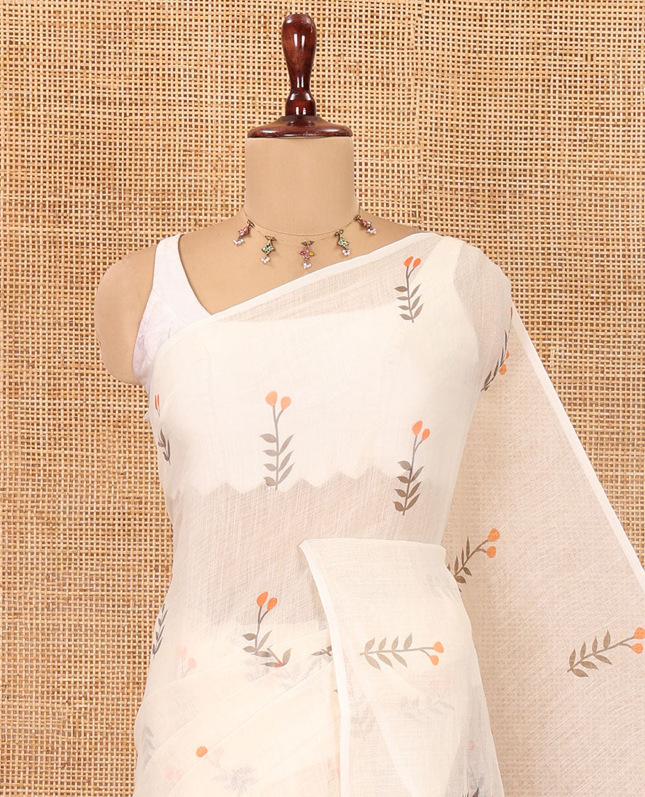 Borderless Cream-Orange Linen Cotton Saree, Prettified with Floral Buttas, a Self-Pallu, and a Contrast Blouse