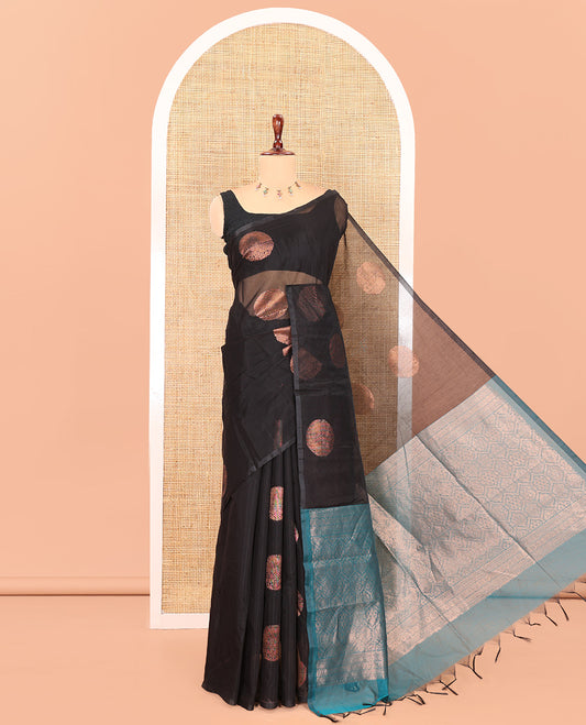 Borderless Black Semi-Silk Cotton Saree Embellished with Circle Zari Buttas, a Contrast Intricate Pallu, and a Contrast Blouse
