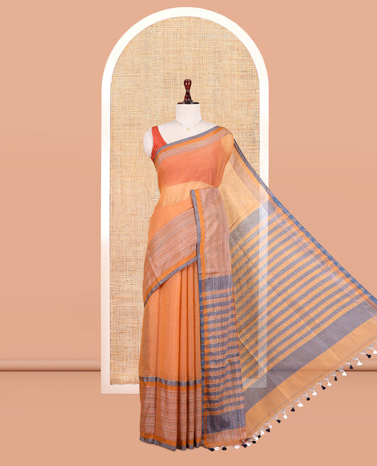 Orange Plain Khadi Cotton Saree, Contrast Satin Striped Border, Striped Pallu, and a Contrast Blouse