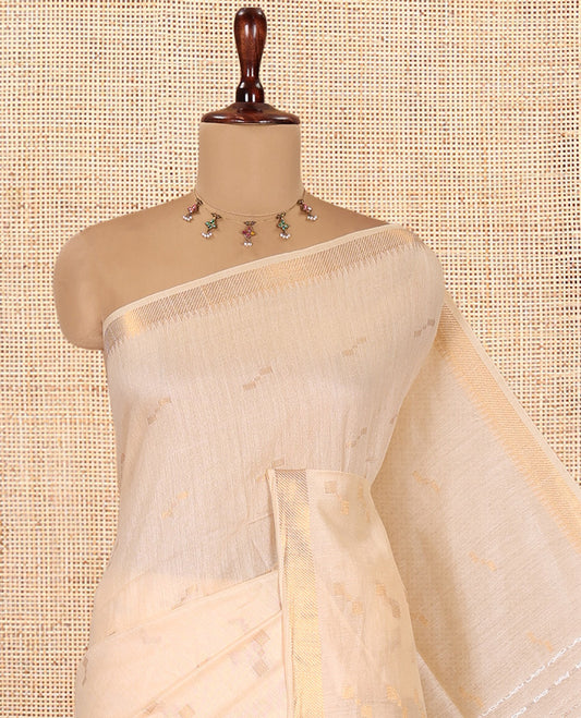 Cream Bhagalpur Cotton Saree, Adorned with Zari Buttas, a Temple Zari Border, Self-Pallu, and a Matching Blouse