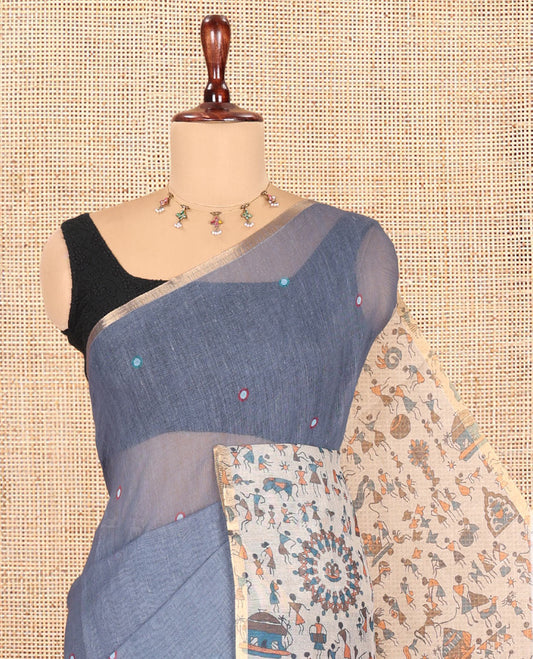Grey Linen Cotton Saree, Adorned with Mirrorwork, a Piping Border, Contrast Warli Printed Pallu, Contrast Blouse