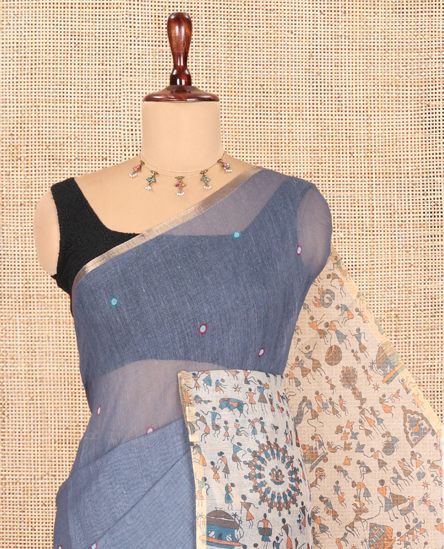 Grey Linen Cotton Saree, Adorned with Mirrorwork, a Piping Border, Contrast Warli Printed Pallu, Contrast Blouse
