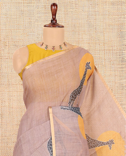 Chikku Giraffe Motif Print Linen Cotton Saree, a Piping Border, a Self-Pallu, and Matching Blouse