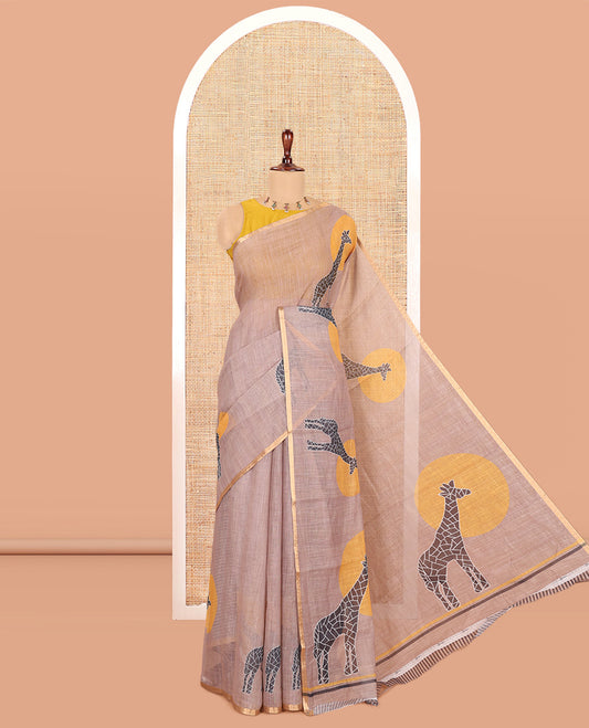 Chikku Giraffe Motif Print Linen Cotton Saree, a Piping Border, a Self-Pallu, and Matching Blouse