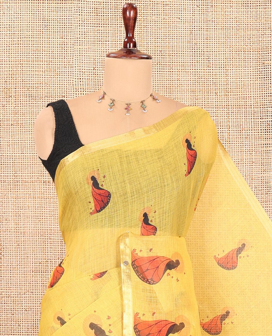 Yellow Linen Cotton Saree, Adorned with Butterfly Woman Print, a Piping Border, a Contrast Blouse