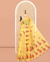 Yellow Linen Cotton Saree, Adorned with Butterfly Woman Print, a Piping Border, a Contrast Blouse