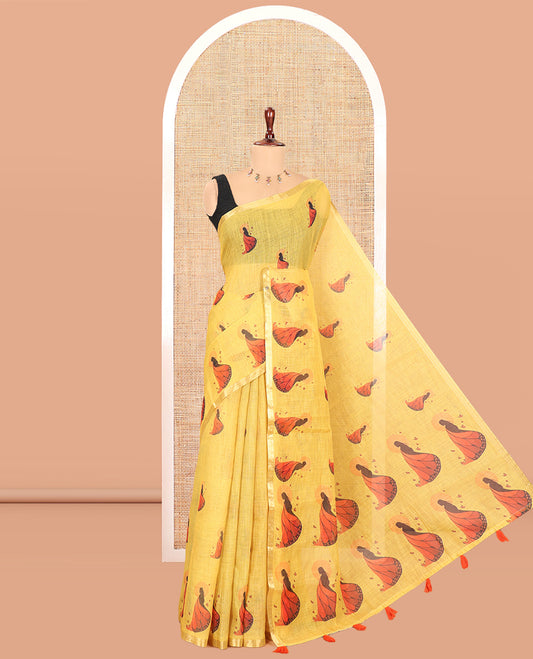 Yellow Linen Cotton Saree, Adorned with Butterfly Woman Print, a Piping Border, a Contrast Blouse