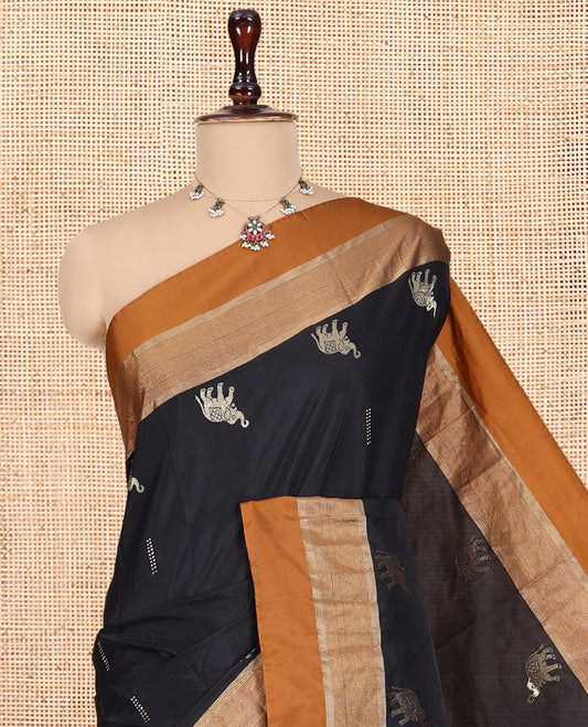 Black Semi-Soft Silk Saree Features Dobby and Elephant Buttas, a Contrast Border, and Matching Blouse