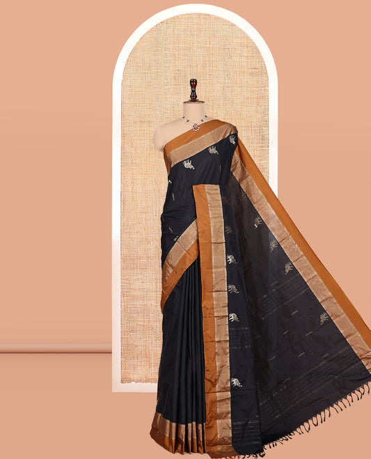Black Semi-Soft Silk Saree Features Dobby and Elephant Buttas, a Contrast Border, and Matching Blouse