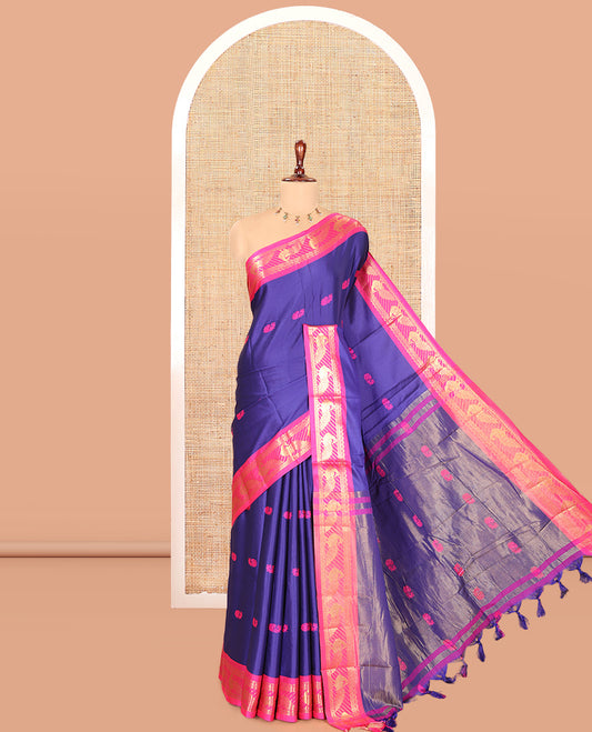 Royal Blue Peacock Buttas Semi-Soft Silk Saree, Contrast Peacock Border, Buttas Pallu, Matching Blouse