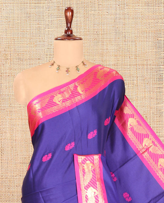 Royal Blue Peacock Buttas Semi-Soft Silk Saree, Contrast Peacock Border, Buttas Pallu, Matching Blouse