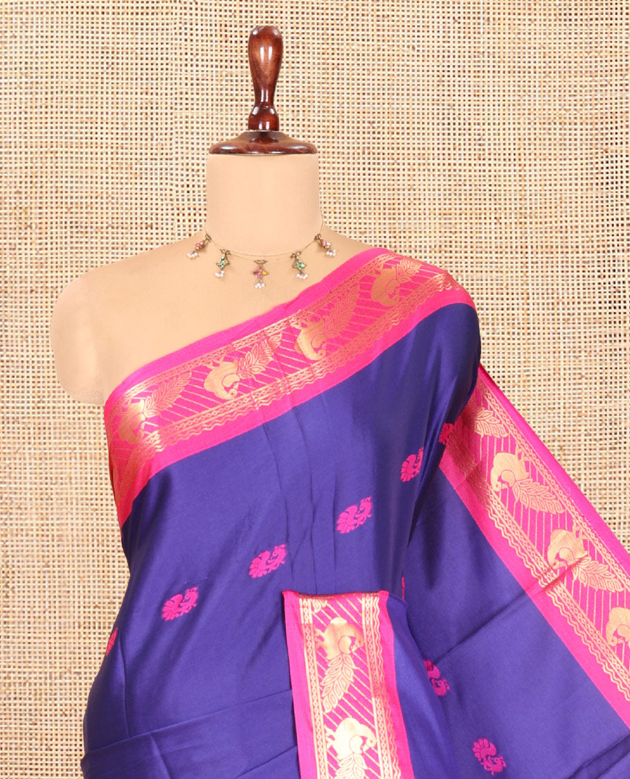 Royal Blue Peacock Buttas Semi-Soft Silk Saree, Contrast Peacock Border, Buttas Pallu, Matching Blouse