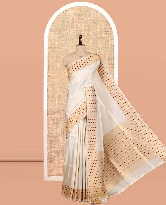 Gold-Maroon Plain Tissue Saree, Gold Polka-Dotted Border, Matching Blouse