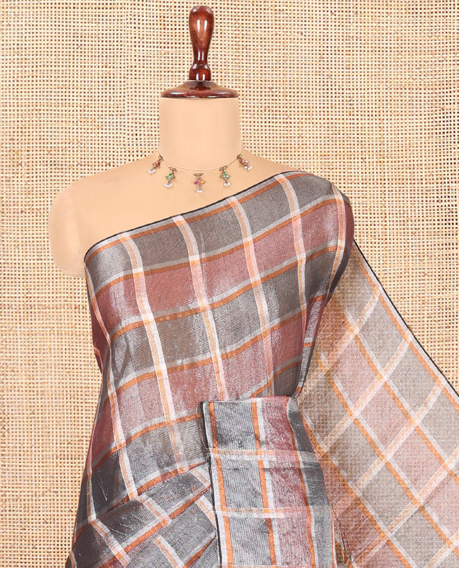 Borderless Black-Red Checked Khadi Tissue Saree, a Self-Pallu, and No Blouse