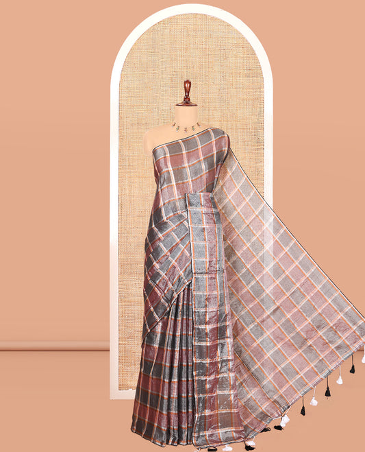 Borderless Black-Red Checked Khadi Tissue Saree, a Self-Pallu, and No Blouse